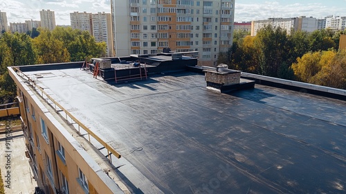 bituminous waterproofing of an apartment building, including roofing installation and laying. waterproofing of stylobate concrete slabs using rolled roofing. Warming asphalt roofing materials photo