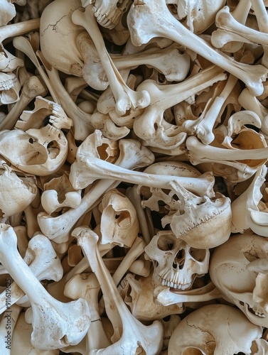 Lots of human bones and skulls. Human remains. photo