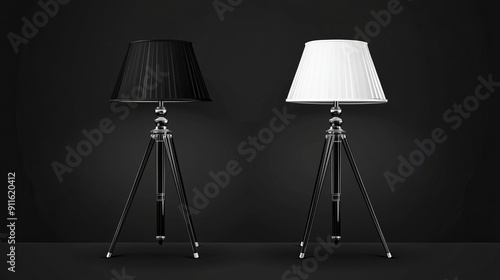  Set of table lamps featuring two illuminated lanterns on a tripod, surrounded by black backdrops and white and black lampshades, vector illustration photo