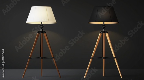  Set of table lamps featuring two illuminated lanterns on a tripod, surrounded by black backdrops and white and black lampshades, vector illustration