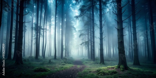 Enchanted Forest Path Misty Morning in a Blue-Tinted Pine Grove, Landscape Photography, Nature, Trees, Fog , forest , blue