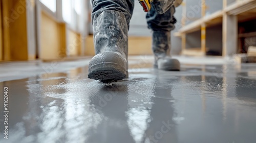 The laborer coats the freshly laid floor with gray epoxy resin.