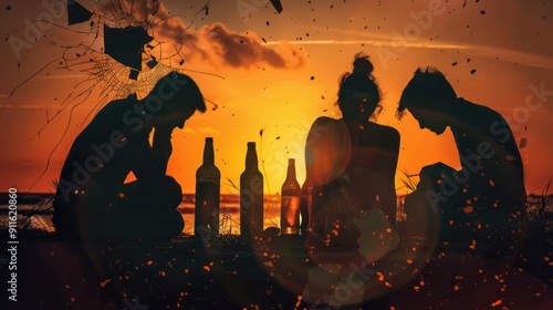 Broken Family Silhouettes of a broken family or shattered family photo with alcohol bottles in the background photo