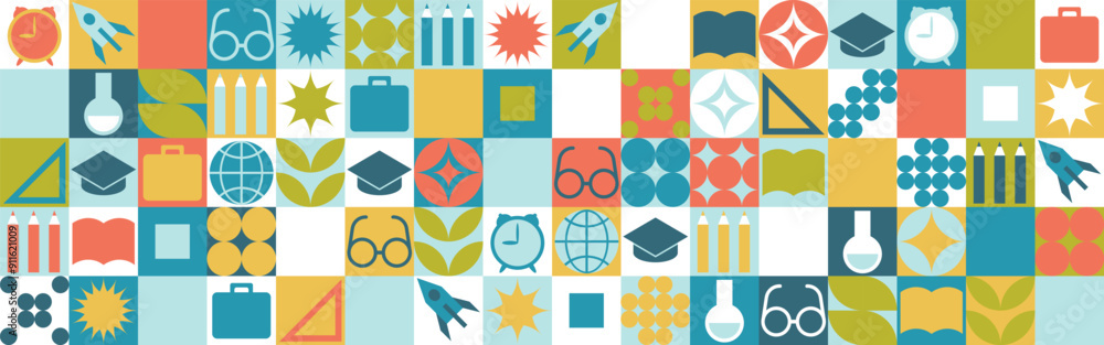 School seamless background for a stand made of geometric shapes, colored mosaic in a trendy style. Student and office worker template for wallpaper and web cover - globe, book. glasses, pencils. School seamless background for a stand made of geometric shapes, colored mosaic in a trendy style. Student and office worker template for wallpaper and web cover - globe, book. glasses, pencils.