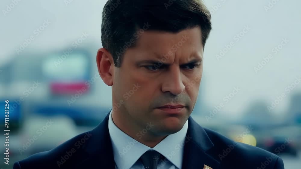 Closeup of a news anchor with a serious somber expression as they report on a tragic event. Closeup of a news anchor with a serious somber expression as they report on a tragic event.