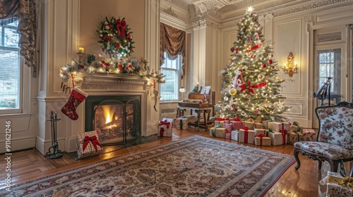 Wallpaper Mural Victorian style living room with fireplace, decorated and illuminated Christmas tree and gift boxes. New Year ambience Torontodigital.ca