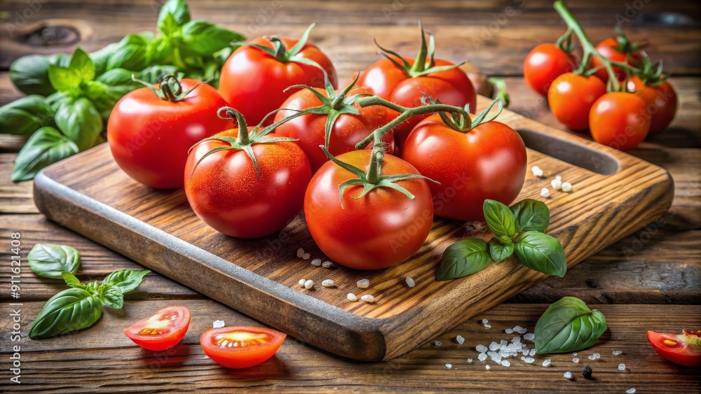 Fresh Ripe Tomatoes on a Wooden Cutting Board with Basil and Salt, tomatoes , basil , salt , cutting board Fresh Ripe Tomatoes on a Wooden Cutting Board with Basil and Salt, tomatoes , basil , salt , cutting board