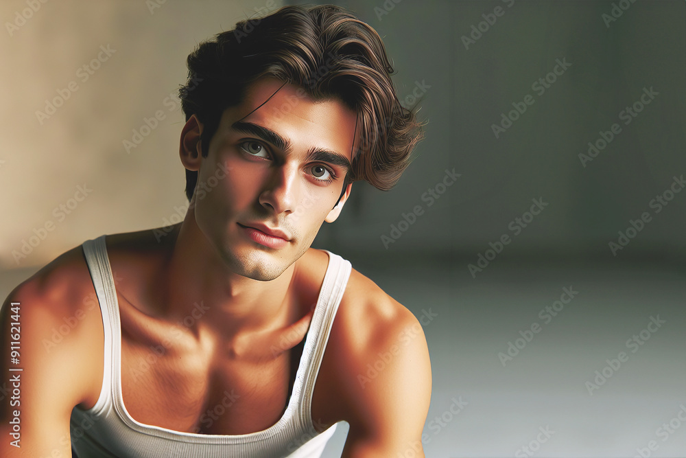Male beauty concept. Portrait of smiling 30-year-old man standing in white sleeveless t-shirt over gray background . Close up. Classic style. Wavy glossy dark hair. Copy-space. Studio shot Male beauty concept. Portrait of smiling 30-year-old man standing in white sleeveless t-shirt over gray background . Close up. Classic style. Wavy glossy dark hair. Copy-space. Studio shot