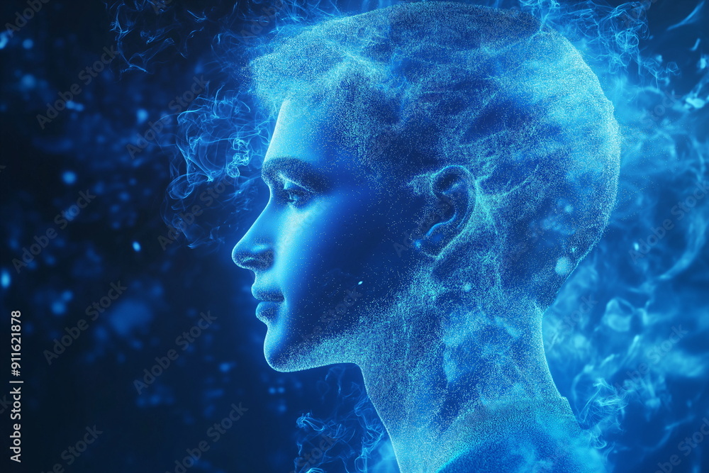Profile portrait with glowing particle effects for Y3K aesthetic AI visualizations, futuristic identity concepts and next-generation digital consciousness representations Profile portrait with glowing particle effects for Y3K aesthetic AI visualizations, futuristic identity concepts and next-generation digital consciousness representations