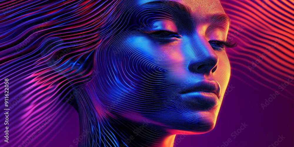 Hypnotic linear texture portrait with duotone gradient for Y3K aesthetic user interface designs, futuristic biometric scanning concepts and next-generation AI facial mapping Hypnotic linear texture portrait with duotone gradient for Y3K aesthetic user interface designs, futuristic biometric scanning concepts and next-generation AI facial mapping