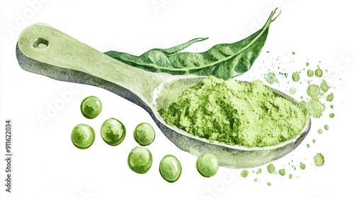 Pea protein powder in scoop, clean illustration, minimalistic style, watercolor,isolated on white background