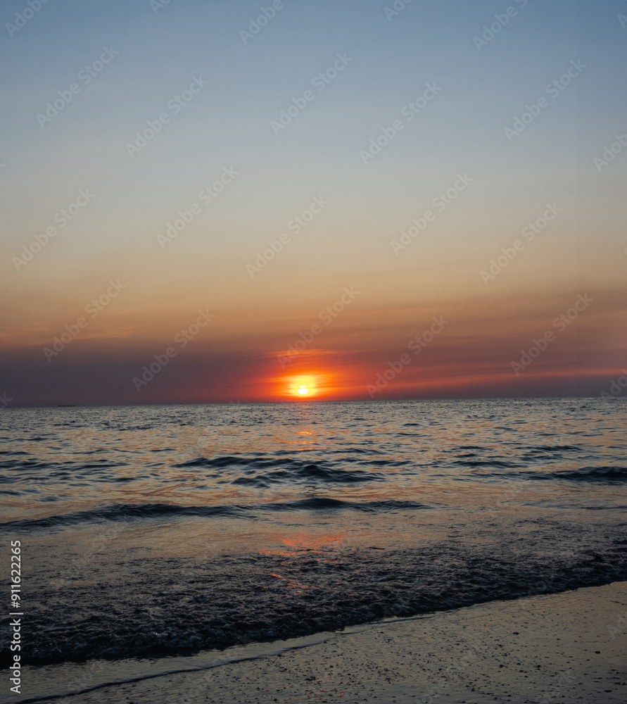 Fototapeta premium Landscape horizon viewpoint vertical summer shore sea beach nobody wind wave cool holiday look calm big sunset sky twilight evening on day time nature tropical coast beautiful ocean water travel