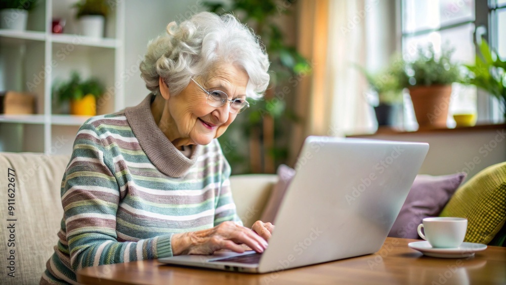 An elderly woman with glasses is sitting in front of a laptop, determinedly exploring the internet. Her focused expression reflects her effort to adapt to new technology, embracing the digital age. An elderly woman with glasses is sitting in front of a laptop, determinedly exploring the internet. Her focused expression reflects her effort to adapt to new technology, embracing the digital age.