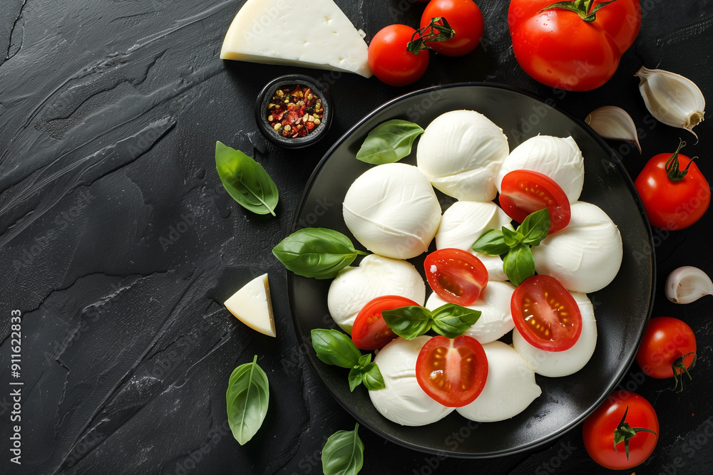 mozzarella tomatoes and basil, ingredients for caprese top view mozzarella tomatoes and basil, ingredients for caprese top view