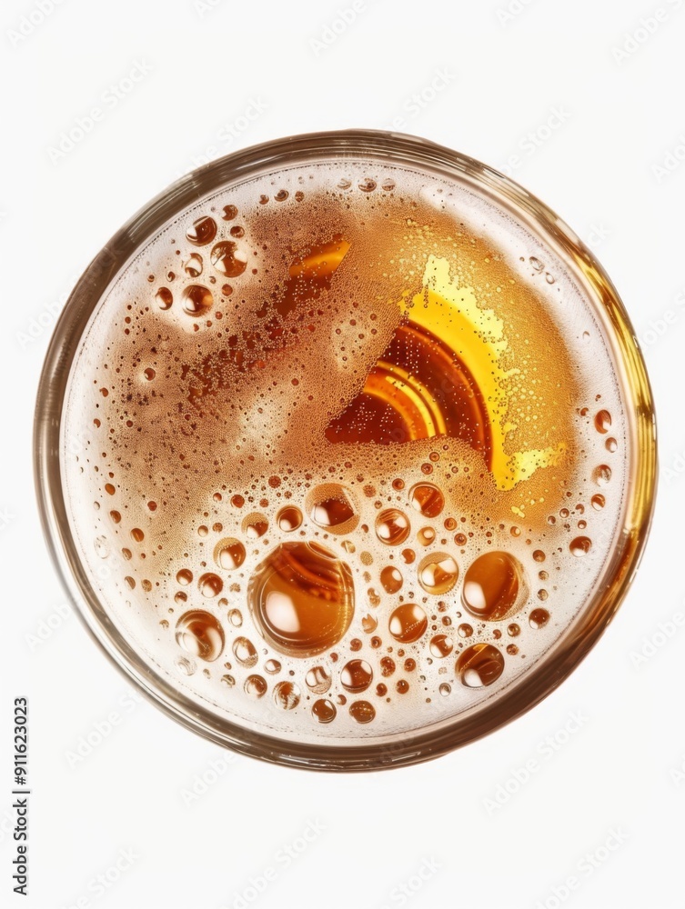 Top-down view of a glass of beer, with foam, detailed bubbles, and a golden hue, on a plain white background Top-down view of a glass of beer, with foam, detailed bubbles, and a golden hue, on a plain white background