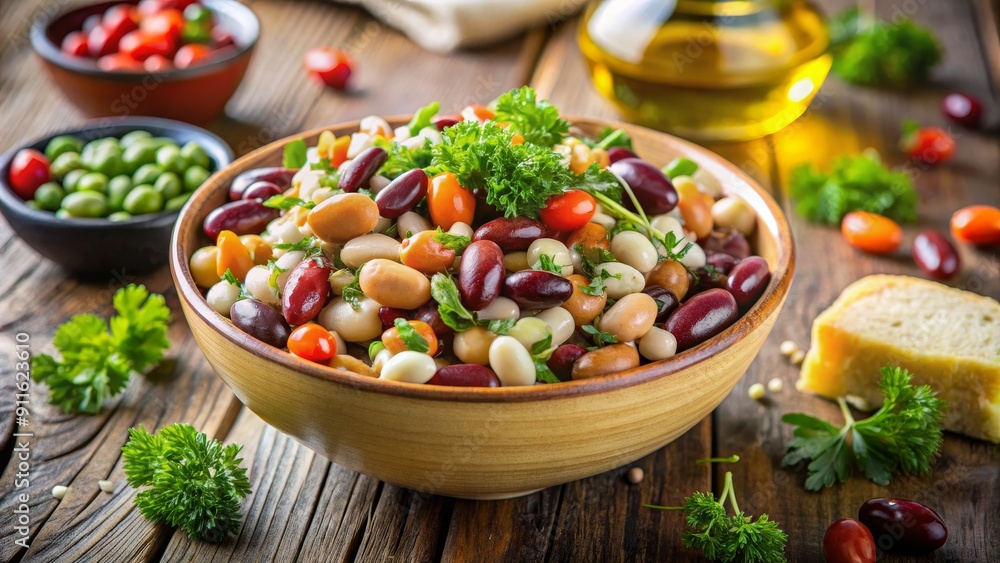 A Colorful Bean Salad in a Wooden Bowl, bean salad , healthy food , vegetarian , legume A Colorful Bean Salad in a Wooden Bowl, bean salad , healthy food , vegetarian , legume