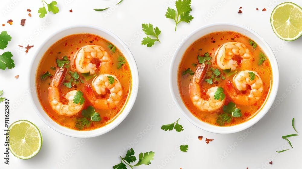 Mouthwatering Traditional Thai Tom Yum Soup with Shrimp and Herbs on White Background Mouthwatering Traditional Thai Tom Yum Soup with Shrimp and Herbs on White Background