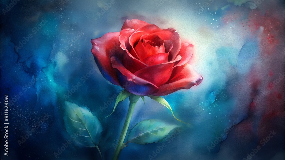 Single Red Rose in a Dreamy Abstract Background with Blue and Red Hues Single Red Rose in a Dreamy Abstract Background with Blue and Red Hues