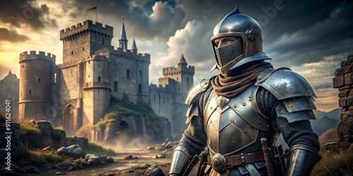 A Knight's Oath A lone knight stands in full armor, gazing towards a majestic castle in the distance. 