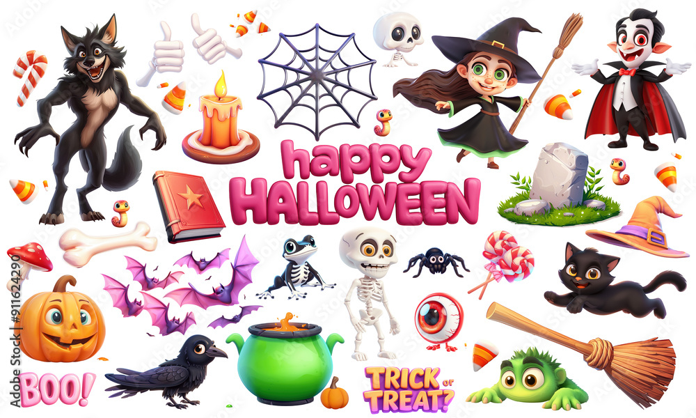 Fototapeta premium Halloween big set of funny characters and objects isolated on white or transparent background, png clipart, design element. Easy to place on any other background.