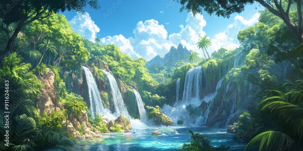 Fototapeta premium Pulse of Summer: A High-Definition Hand-Drawn Rhythm of the Season in a Lush Jungle, Capturing the Allure of the Tropics with Verdant Foliage and Tropical Breeze in Anime Style.