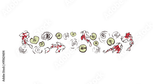 Koi Carp in a pond with Water lilies. Vector illustrarion of japanese Fish with red paint spots. Hand drawn art of underwater animals with circles and ripple on the water. Minimalism style
