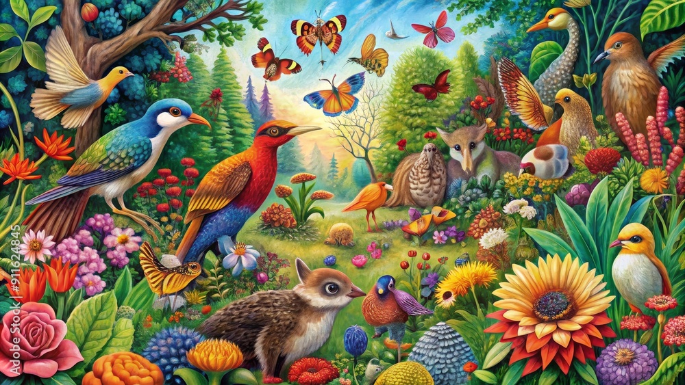 Obraz premium A Whimsical Garden of Fantasy Birds, Butterflies and Flowers, Oil Painting, Whimsical Garden, Fantasy Birds, Butterflies, Flowers