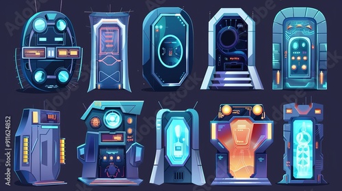 Fototapeta Naklejka Na Ścianę i Meble -  Cartoon spaceship futuristic gates. Closed and open alien cosmic ship doors, spacecraft control room gateway flat illustration set. Futuristic doorway