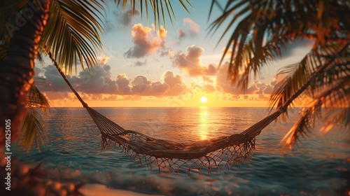 A hammock is hanging over the ocean at sunset