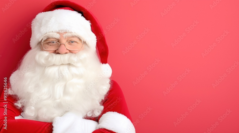 A smiling Santa Claus with a white beard stands in front of a red background. A smiling Santa Claus with a white beard stands in front of a red background.