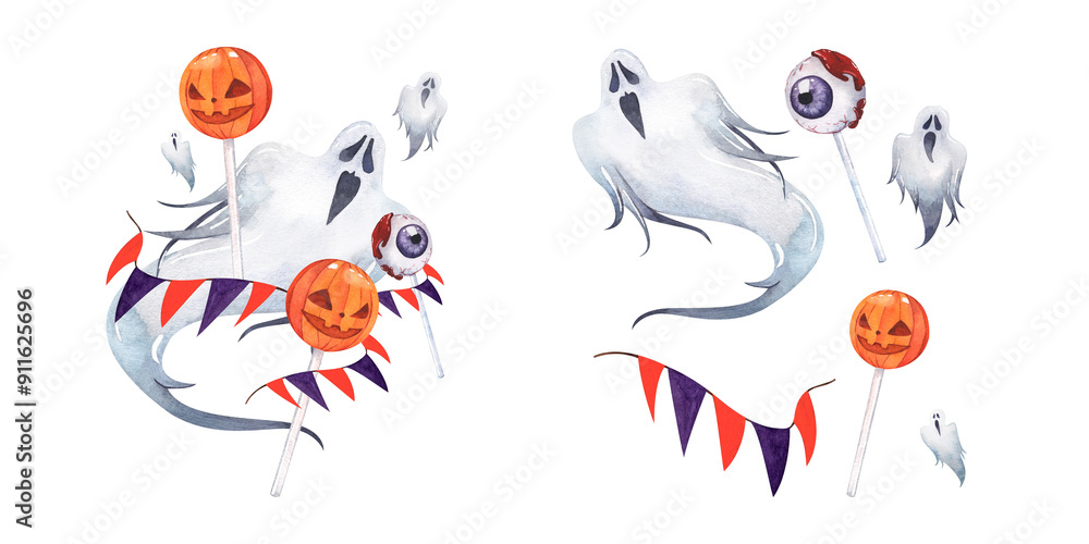 Ghosts, caramel, lollipop and flag. Watercolor illustration. Halloween holiday set. Scary sweets on a stick, orange pumpkin-shaped head and bloody eye. For background, banner, textile, label, sticker Ghosts, caramel, lollipop and flag. Watercolor illustration. Halloween holiday set. Scary sweets on a stick, orange pumpkin-shaped head and bloody eye. For background, banner, textile, label, sticker