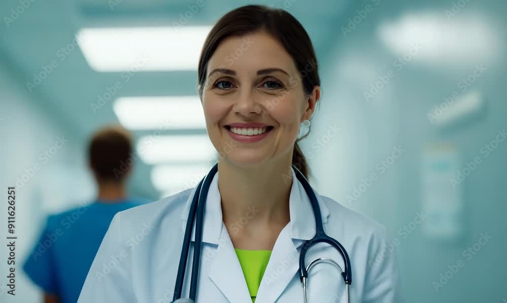 Portrait of a smiling female doctor standing in the corridor of a hospital Portrait of a smiling female doctor standing in the corridor of a hospital