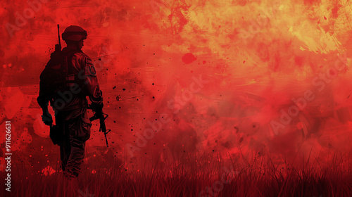 Silhouette of a soldier in combat gear against a red, abstract background conveying intensity and conflict.