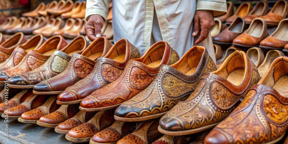 Hand Picking Out an Ornate Leather Shoe in a Market, Hand, Leather, Ornate, Market, Craftsmanship Hand Picking Out an Ornate Leather Shoe in a Market, Hand, Leather, Ornate, Market, Craftsmanship