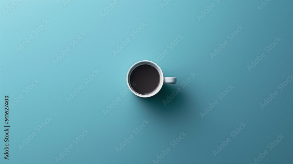 A hot cup of dark coffee in a white ceramic mug sits on a smooth, light blue background creating a minimalist aesthetic. A hot cup of dark coffee in a white ceramic mug sits on a smooth, light blue background creating a minimalist aesthetic.