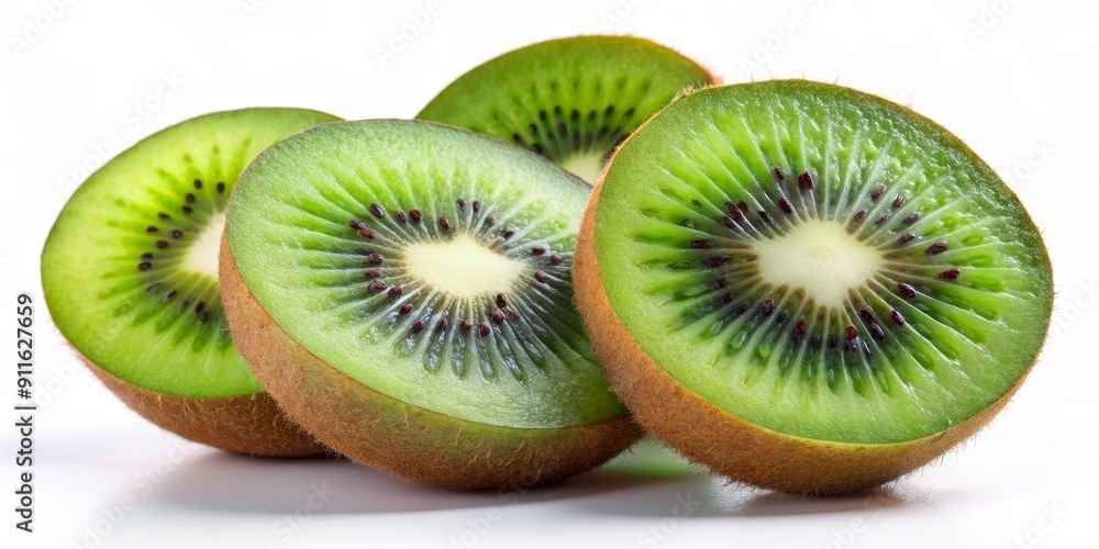 Fototapeta premium Kiwi Slices - A Close Up View of Green Flesh and Black Seeds, fruit, kiwi, food , vitamin C