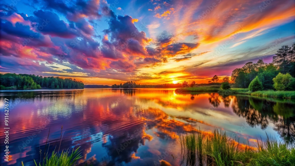 Lake Sunset Reflection with Vibrant Clouds, lake, sunset, reflection, nature, landscape Lake Sunset Reflection with Vibrant Clouds, lake, sunset, reflection, nature, landscape
