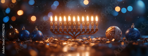 wide background cover of celebrating menorahs with decorative candles lit and Hanukkah decorations on a table photo