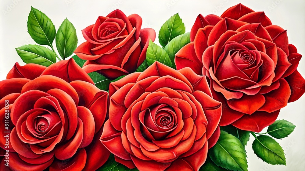 Obraz premium Vibrant Red Roses Illustration with Green Leaves on a White Background