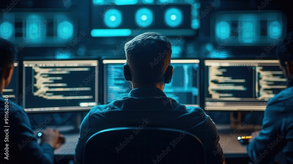 A group of hackers operating from an underground cyber den, illuminated by computer screens A group of hackers operating from an underground cyber den, illuminated by computer screens