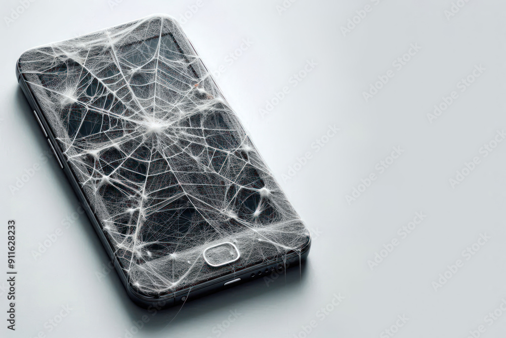 A smartphone covered in cobwebs. Space for text. A smartphone covered in cobwebs. Space for text.