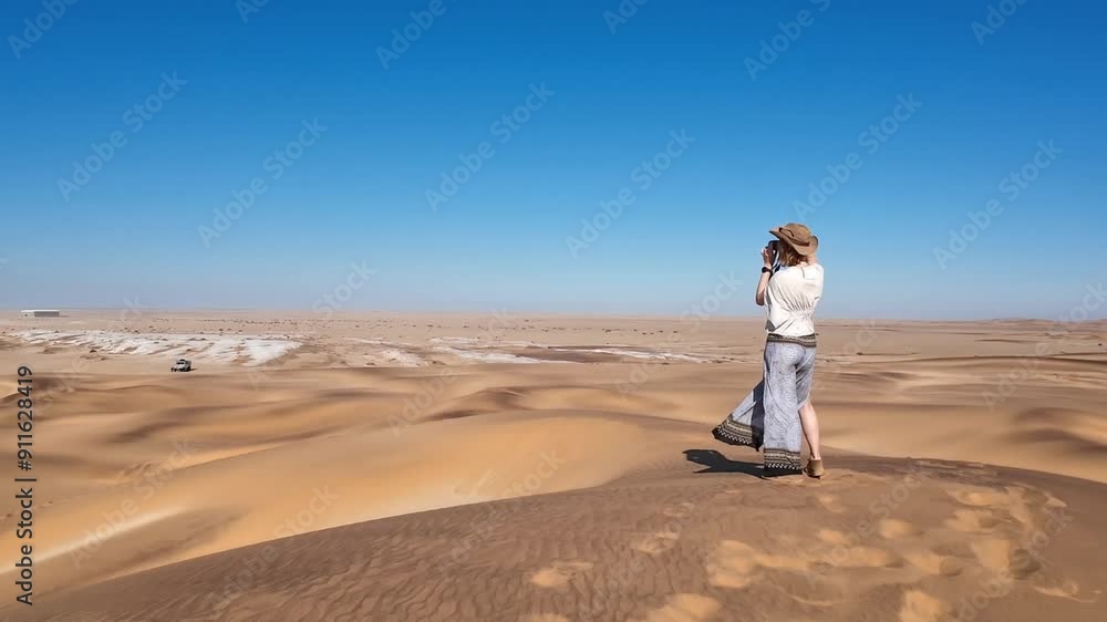 Video of a blonde girl wearing a blue dress, white shirt, and hat taking photos in a desert. Video of a blonde girl wearing a blue dress, white shirt, and hat taking photos in a desert.