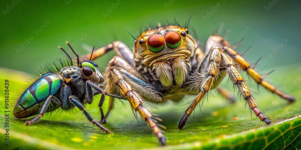 Macro Photography of a Jumping Spider with a Fly on Green Leaf, Jumping Spider, Fly, Macro, Nature Macro Photography of a Jumping Spider with a Fly on Green Leaf, Jumping Spider, Fly, Macro, Nature