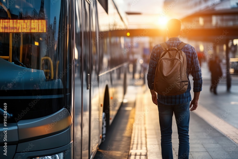 A candid shot of a man carrying a backpack, walking towards a bus at a terminal during sunset, symbolizing the essence of travel and daily city commutation. A candid shot of a man carrying a backpack, walking towards a bus at a terminal during sunset, symbolizing the essence of travel and daily city commutation.