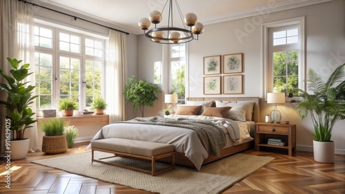 Modern Bedroom with Natural Light and Plants, 3D Render, Bedroom Design, Interior Design, Home Decor , bedroom , interior