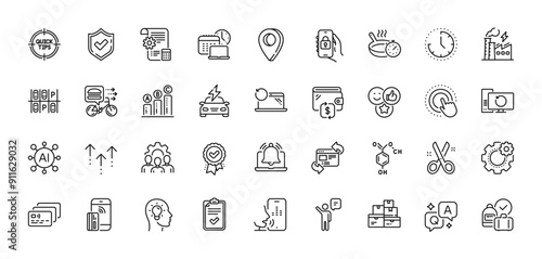 Work time, Like and Team work line icons pack. AI, Question and Answer, Map pin icons. Agent, Time, Car charging web icon. Reminder, Confirmed, Swipe up pictogram. Vector