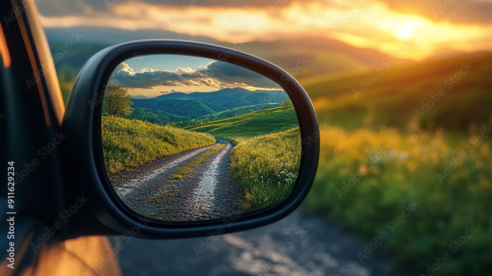Country Road Reflected in a Car Mirror at Sunset Country Road Reflected in a Car Mirror at Sunset