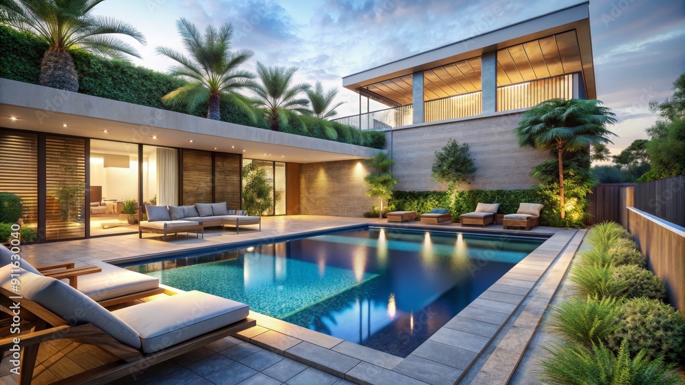 Fototapeta premium Modern Poolside Retreat at Dusk, 3D Rendering, Backyard Oasis, Luxury Home, Swimming Pool