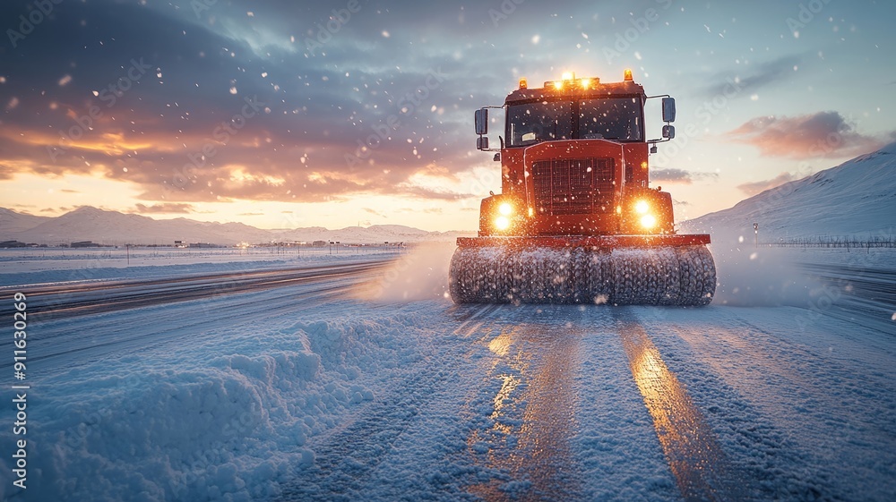 Snowplow Clearing a Road During a Snowy Sunset Snowplow Clearing a Road During a Snowy Sunset