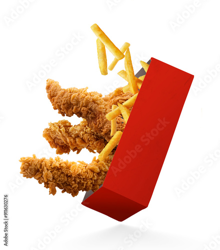 Fried Chicken Tenders hot crispy strips crunchy pieces with fries in a Bucket - Small Red box isolated in white background	
